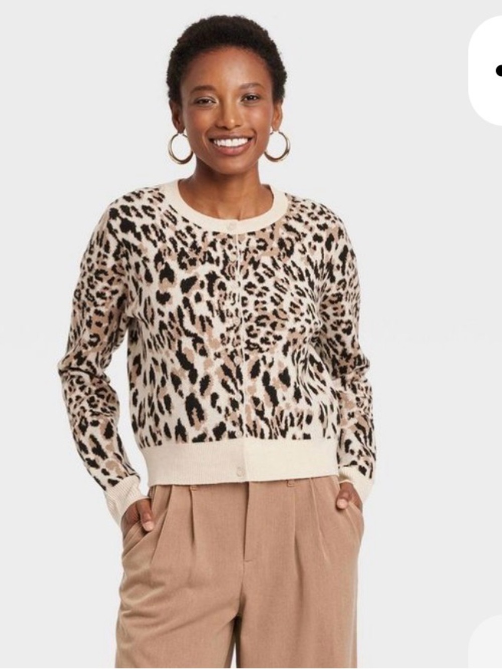 a new day Leopard Print Crewneck Cardigan - Cream, Tan, Black